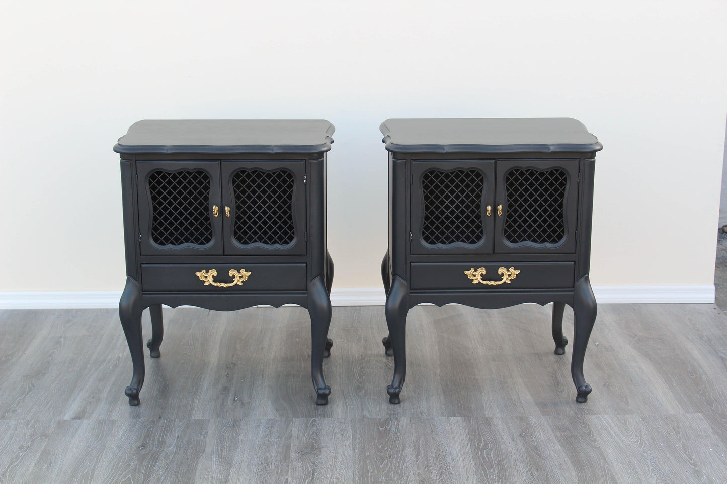 Pair of 1970's French Provincial Charcoal Black Nightstands