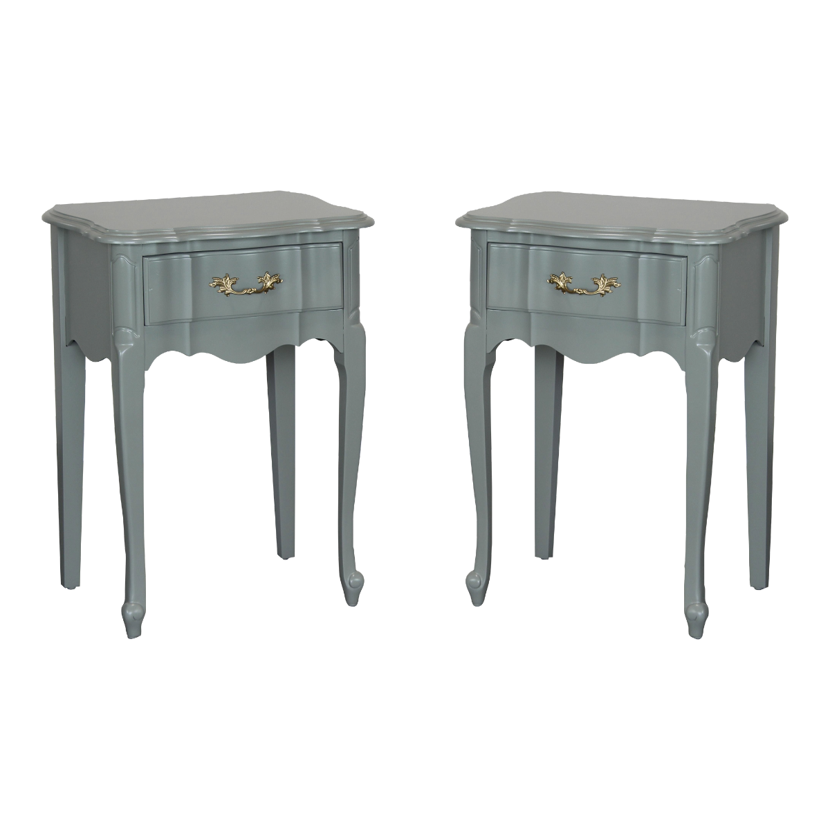 Vintage pair of green nightstand of single drawer.  These nightstands are professionally refinished in caledon green with a satin top coat.  Dimensions: 20"Width x 16"Depth x 28"Height.