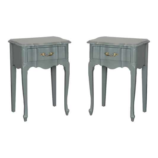 Vintage pair of green nightstand of single drawer.  These nightstands are professionally refinished in caledon green with a satin top coat.  Dimensions: 20"Width x 16"Depth x 28"Height.