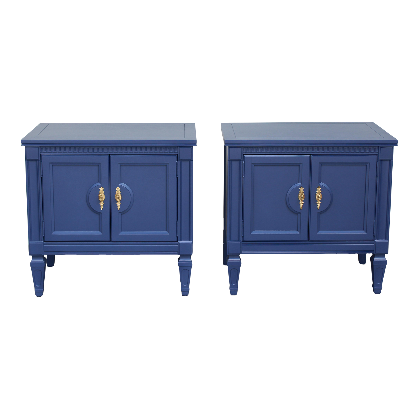 Pair of Late 20th century solid built double doors nightstands.  The nightstands are professionally painted in blue with a satin finish.  Dimensions: 27"Width x 17"Depth x 25"Height. 