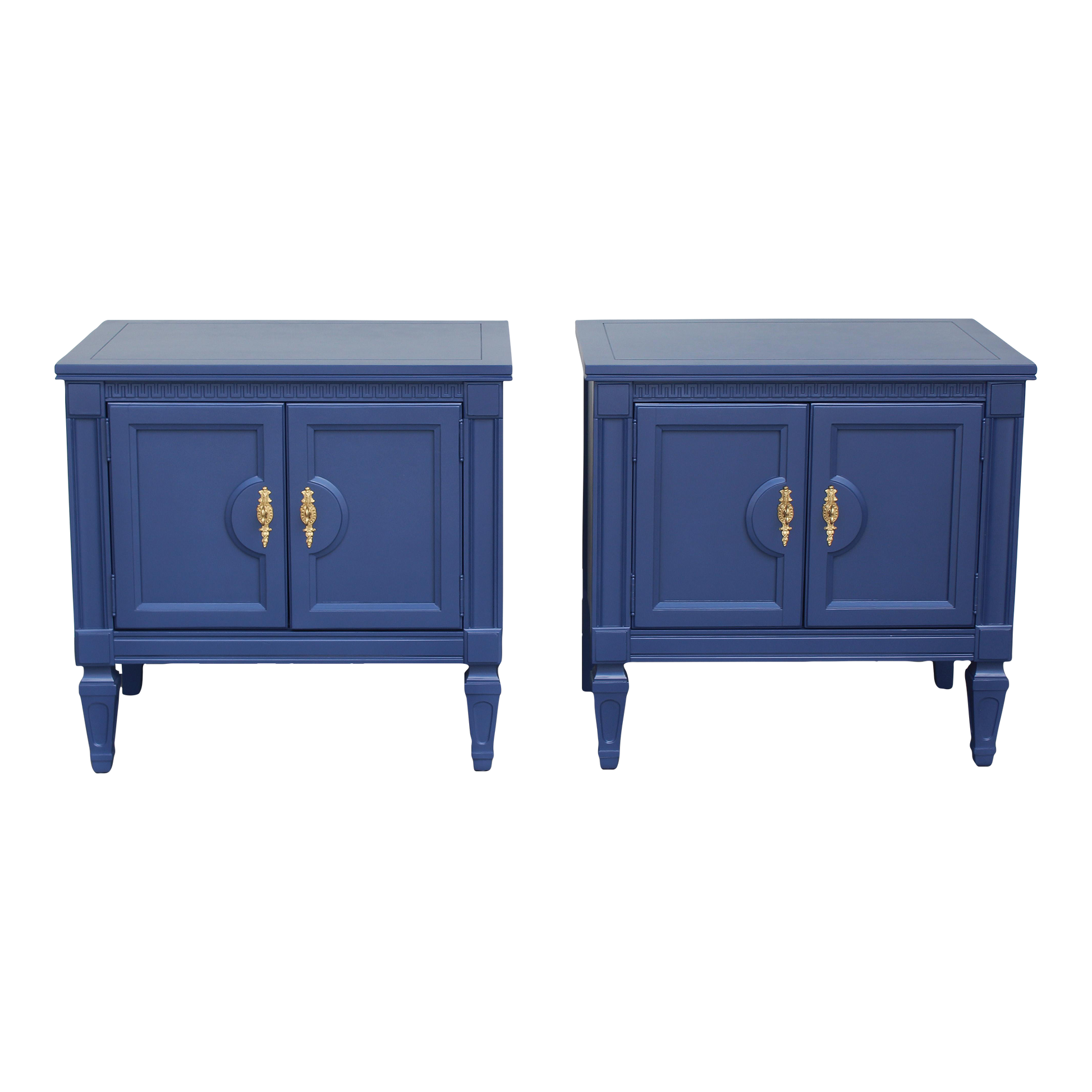 Pair of Late 20th century solid built double doors nightstands.  The nightstands are professionally painted in blue with a satin finish.  Dimensions: 27"Width x 17"Depth x 25"Height. 