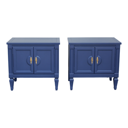 Pair of Late 20th century solid built double doors nightstands.  The nightstands are professionally painted in blue with a satin finish.  Dimensions: 27"Width x 17"Depth x 25"Height. 