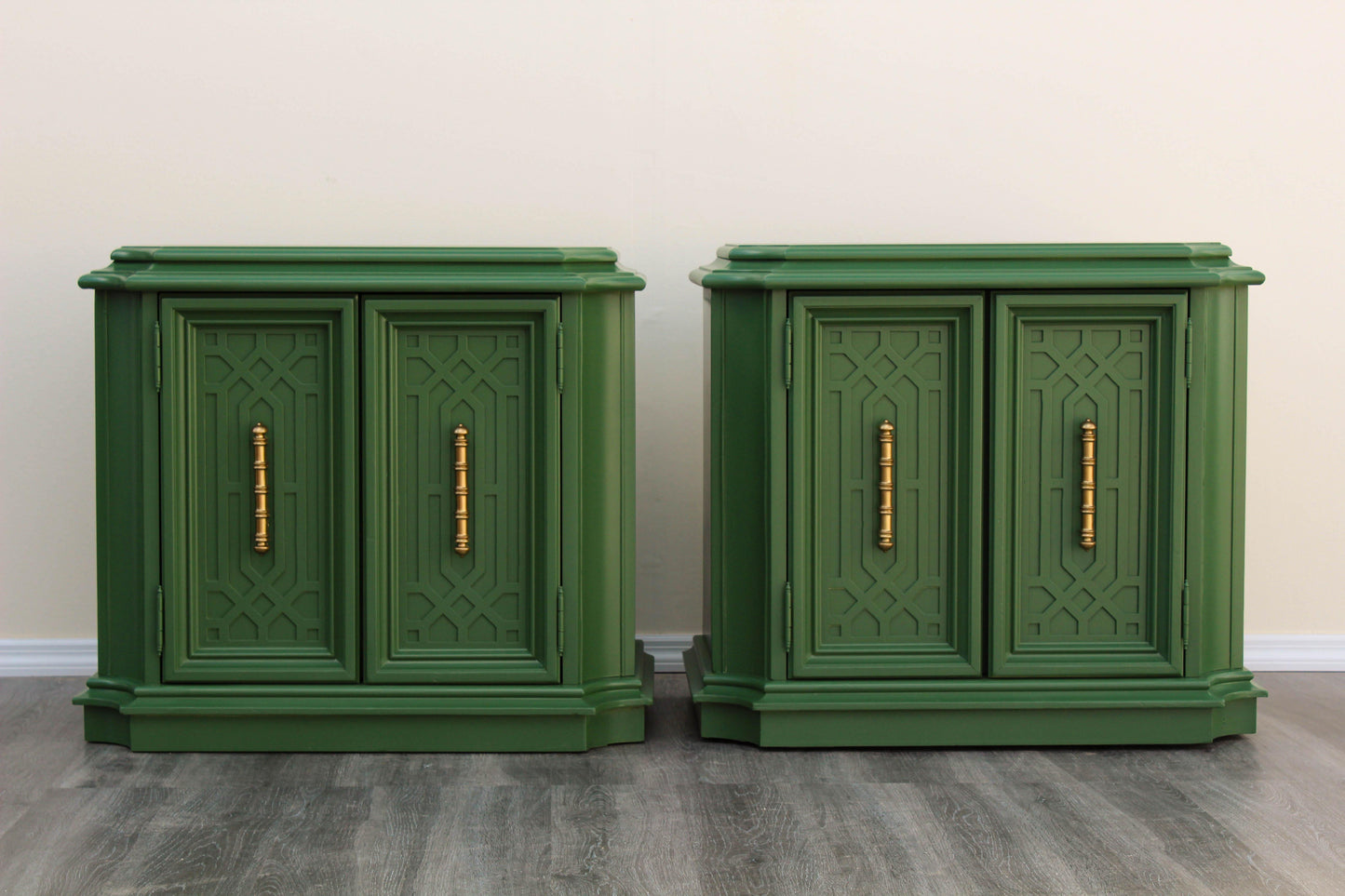 Pair of Mid-Century Fretwork Green and Gold Nightstands