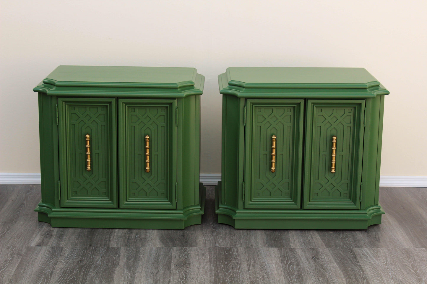 Pair of Mid-Century Fretwork Green and Gold Nightstands