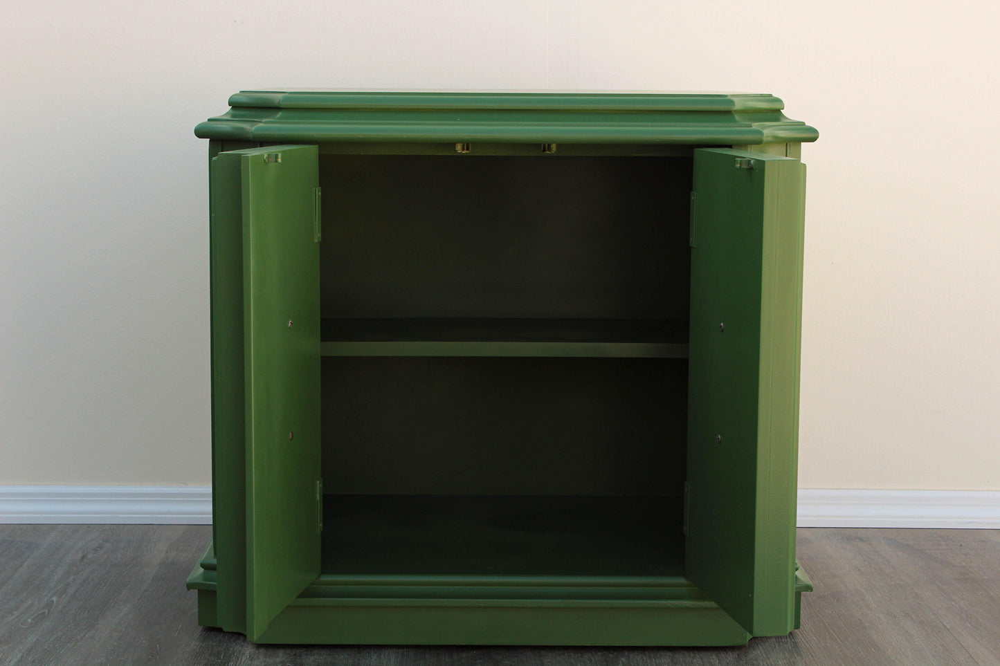 Pair of Mid-Century Fretwork Green and Gold Nightstands