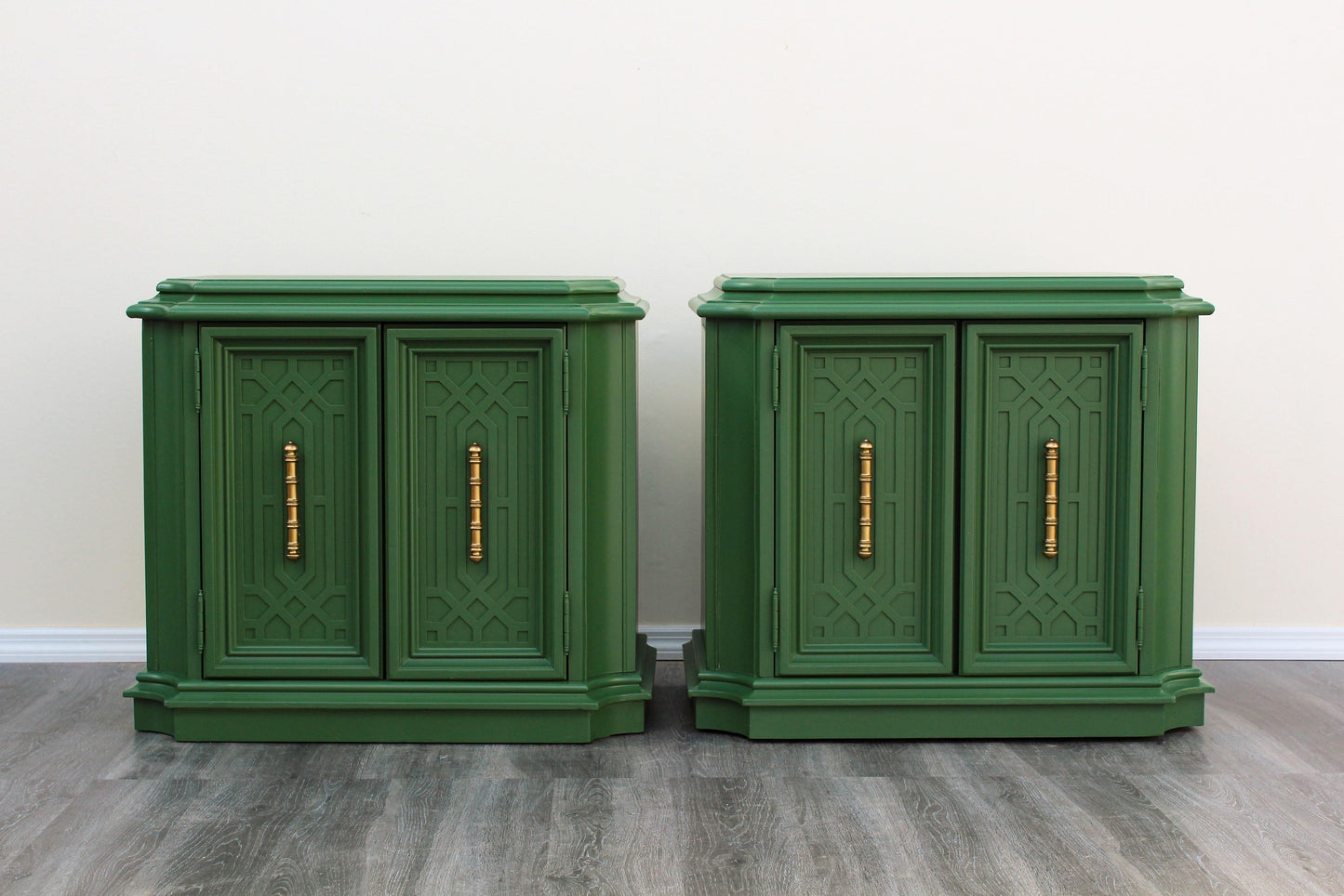 Pair of Mid-Century Fretwork Green and Gold Nightstands