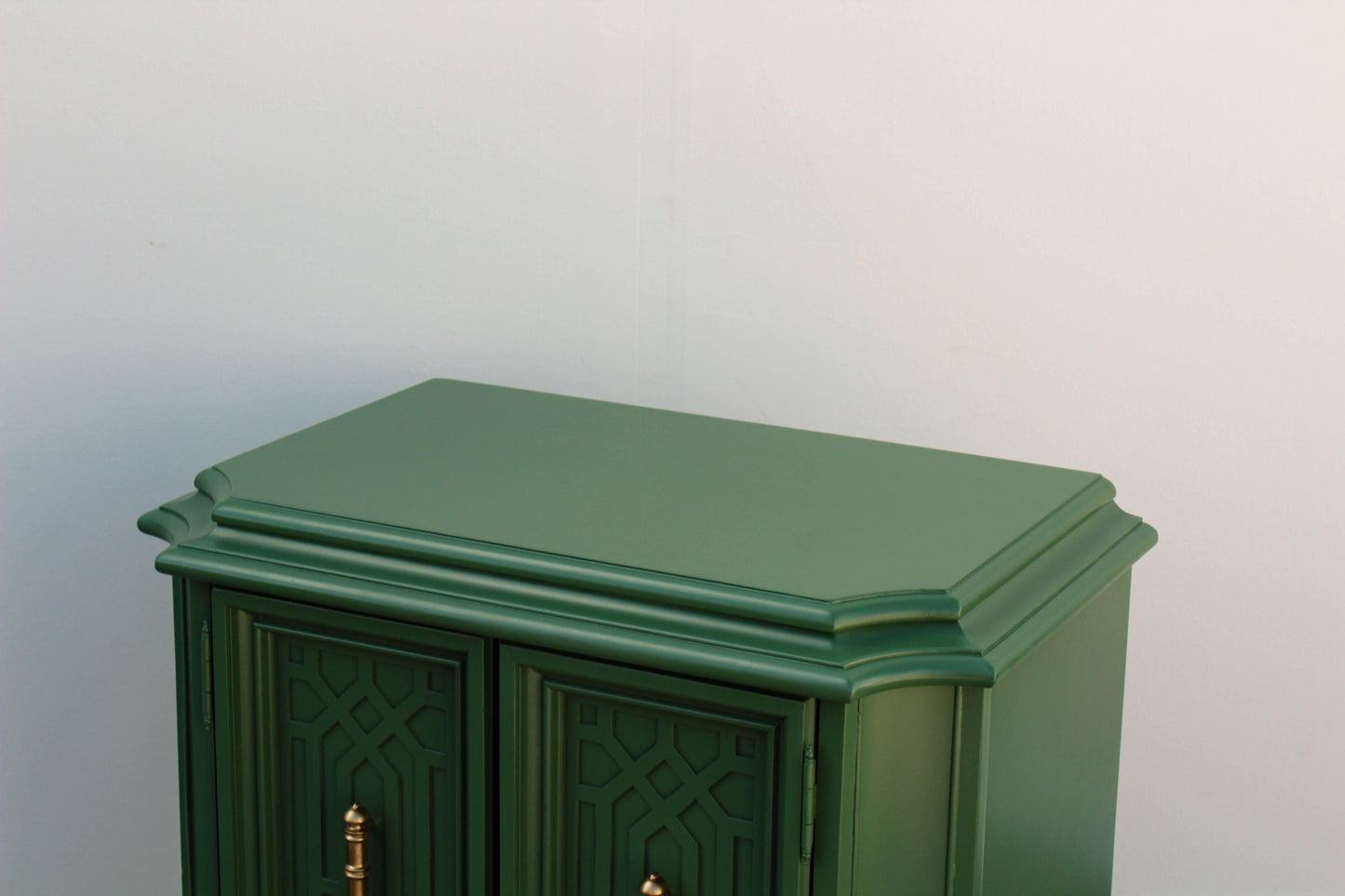 Pair of Mid-Century Fretwork Green and Gold Nightstands