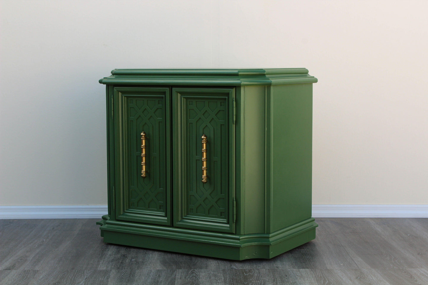 Pair of Mid-Century Fretwork Green and Gold Nightstands