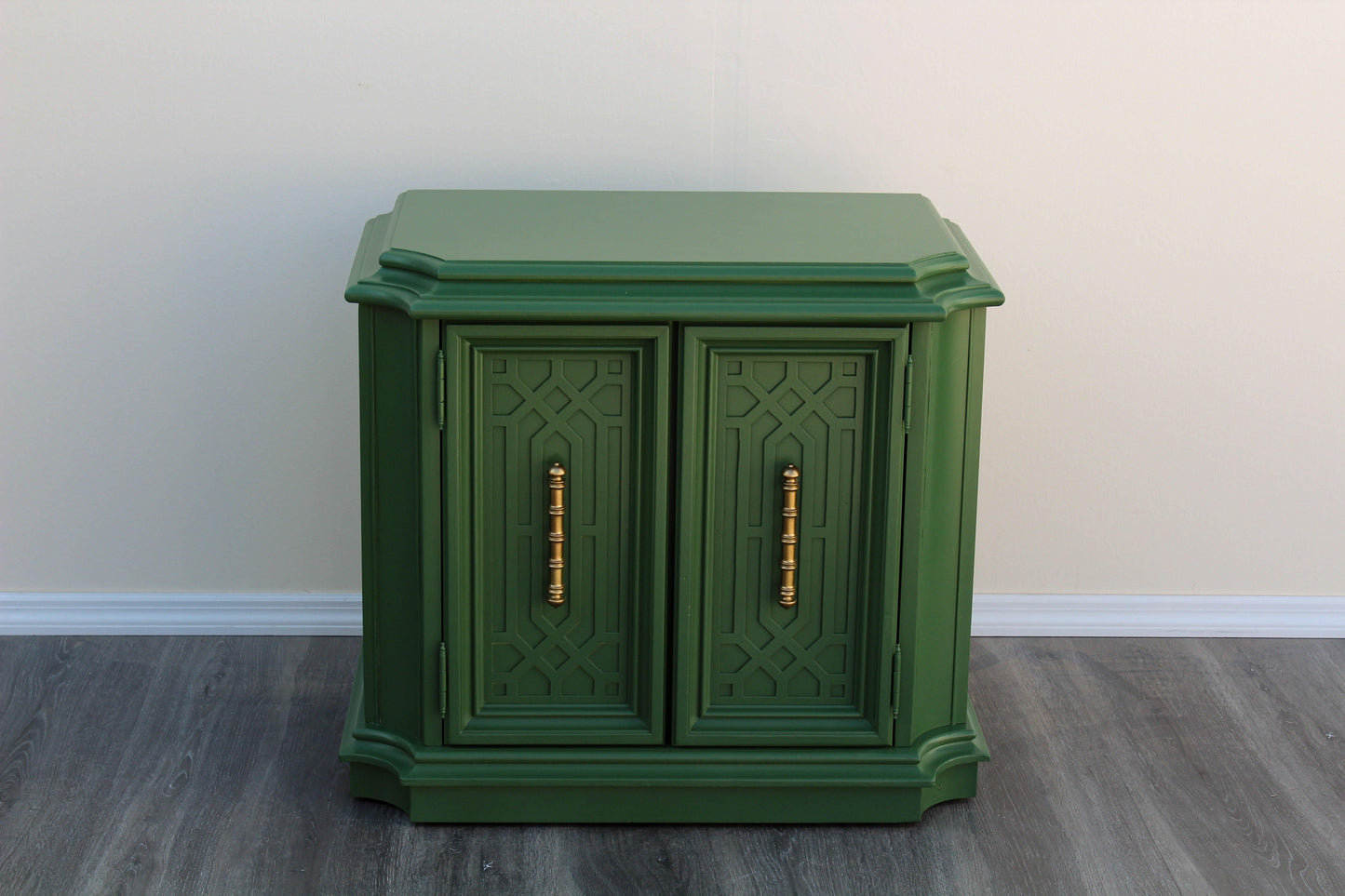 Pair of Mid-Century Fretwork Green and Gold Nightstands