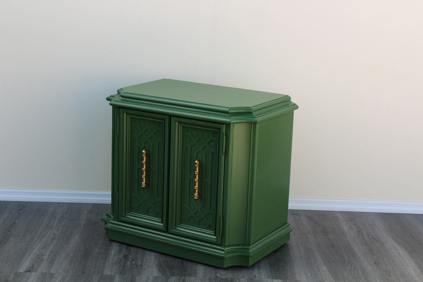 Pair of Mid-Century Fretwork Green and Gold Nightstands