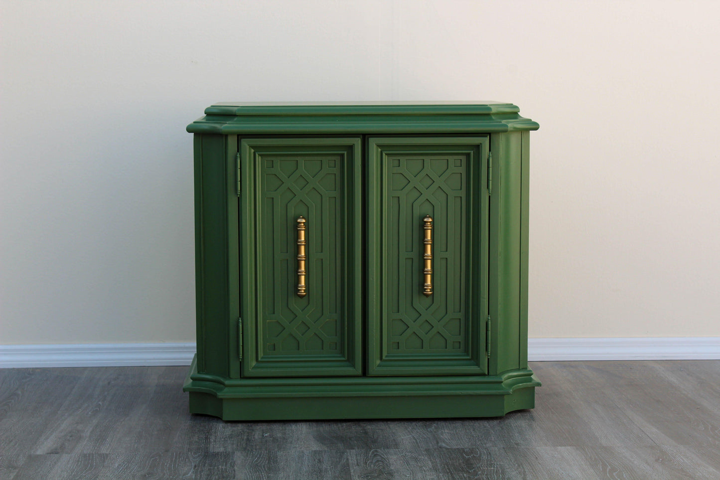 Pair of Mid-Century Fretwork Green and Gold Nightstands