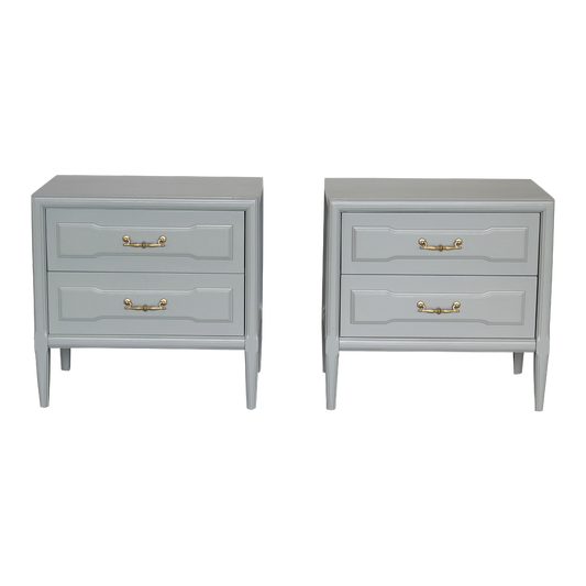 Pair of Mid century caledon green nightstands.  The nightstands are solid built with dovetail joint.  These nightstands are professionally refinished in a caledon green with satin top coat.  Dimensions: 25"With x 16"Depth x 24"Height. 