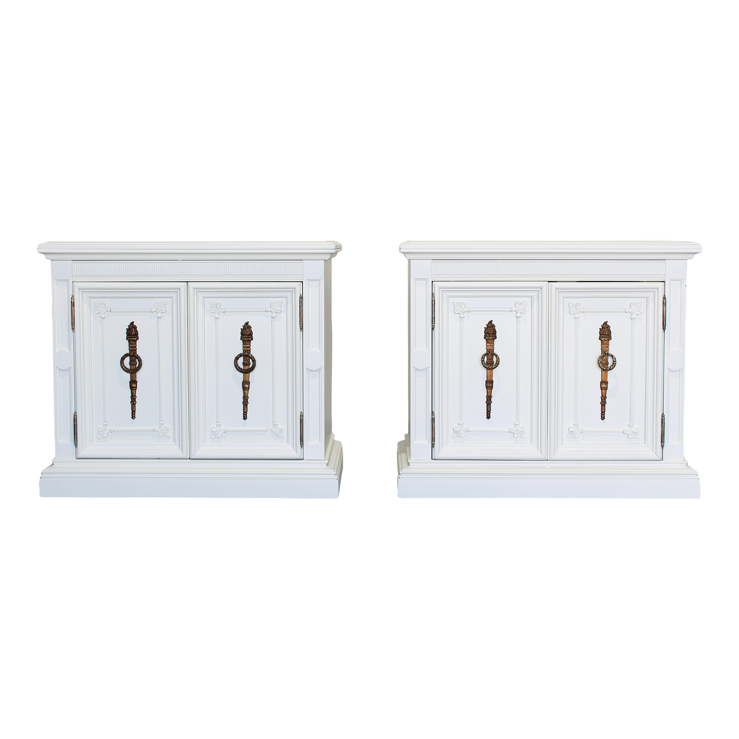 Pair of Mid century cream double door nightstands.  The nightstands are solid built and professionally refinished in off white with satin finish.  Dimensions; 28" Width x 16" Depth x 25" Height. 