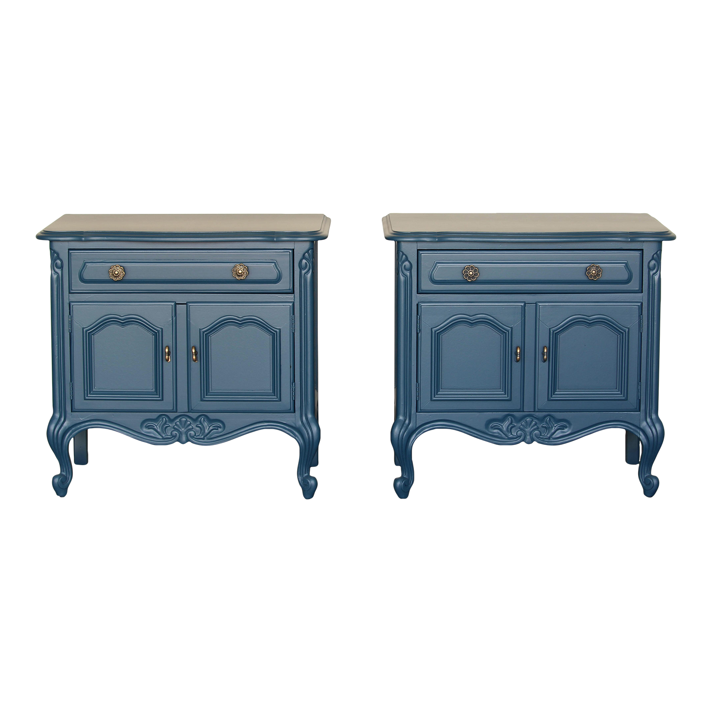 Vintage pair of double door French style nightstands with single drawer.  The nightstands are professionally refinished in blue with satin finish top coat.  Dimensions; 26" Width x 16"Depth x 24" Height. 