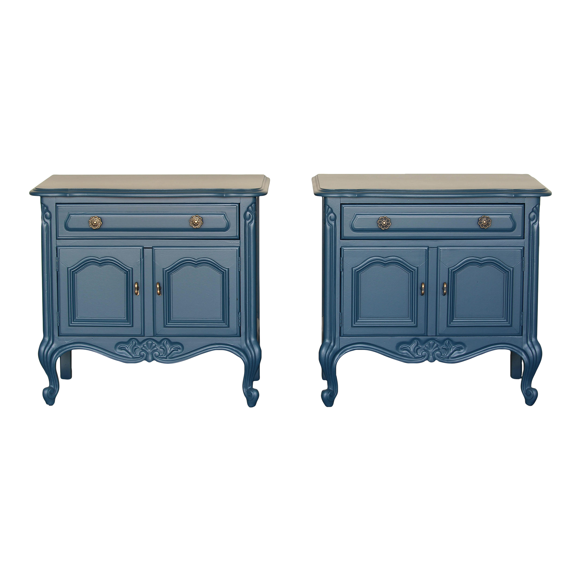 Vintage pair of double door French style nightstands with single drawer.  The nightstands are professionally refinished in blue with satin finish top coat.  Dimensions; 26" Width x 16"Depth x 24" Height. 