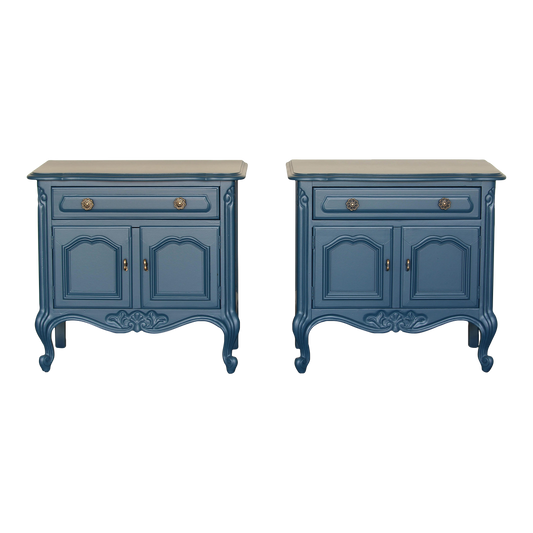 Vintage pair of double door French style nightstands with single drawer.  The nightstands are professionally refinished in blue with satin finish top coat.  Dimensions; 26" Width x 16"Depth x 24" Height. 