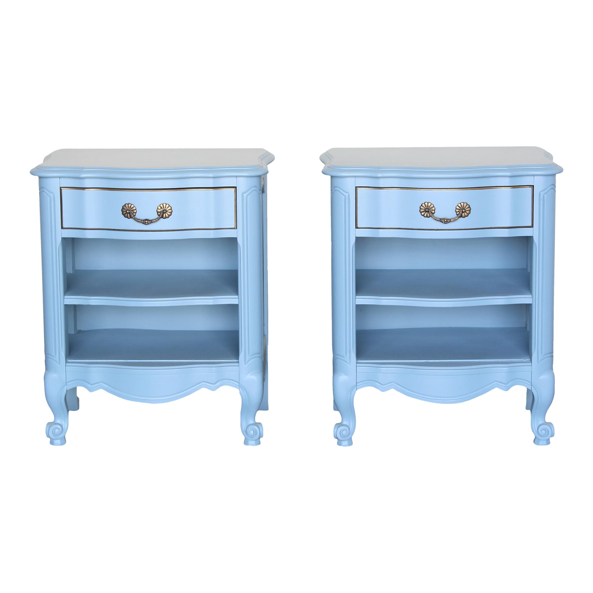 Vintage solid built pair of nightstands.  The nightstands are professionally refinished in a lovely pastel blue with a satin finish.  Dimensions: 23"Width x 16"Depth x 27"Height. 