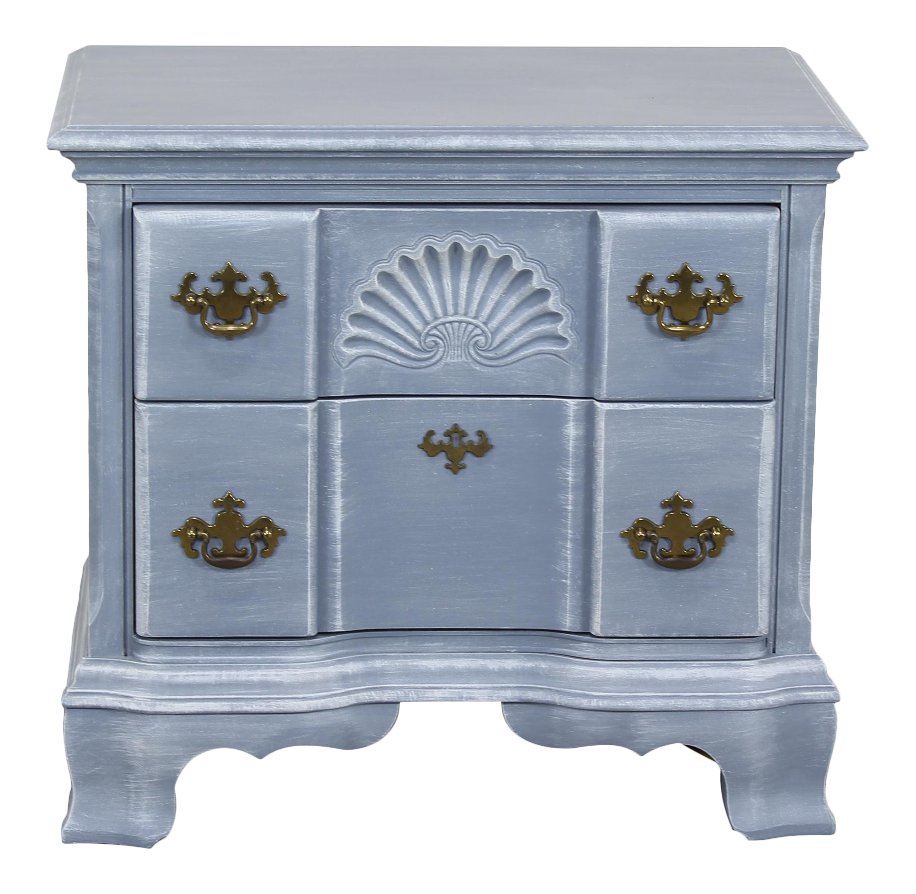 Vintage Chippendale Nightstand.  This is a solid built hand painted nightstand of two drawers with original brass hardware.  Dimensions; 26" Width x 16" Depth x 24.5" Height. 