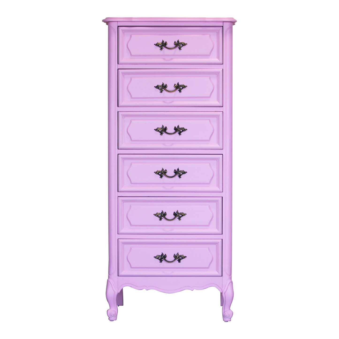 Vintage French style lingerie chest of six drawers.  This chest is nicely painted in cotton candy pink with satin finish.  Dimensions; 24" Width x 19" Depth x 55" Height. 