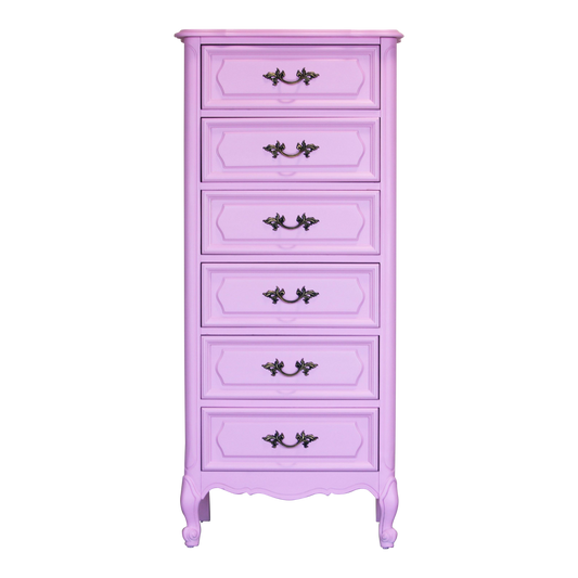 Vintage French style lingerie chest of six drawers.  This chest is nicely painted in cotton candy pink with satin finish.  Dimensions; 24" Width x 19" Depth x 55" Height. 