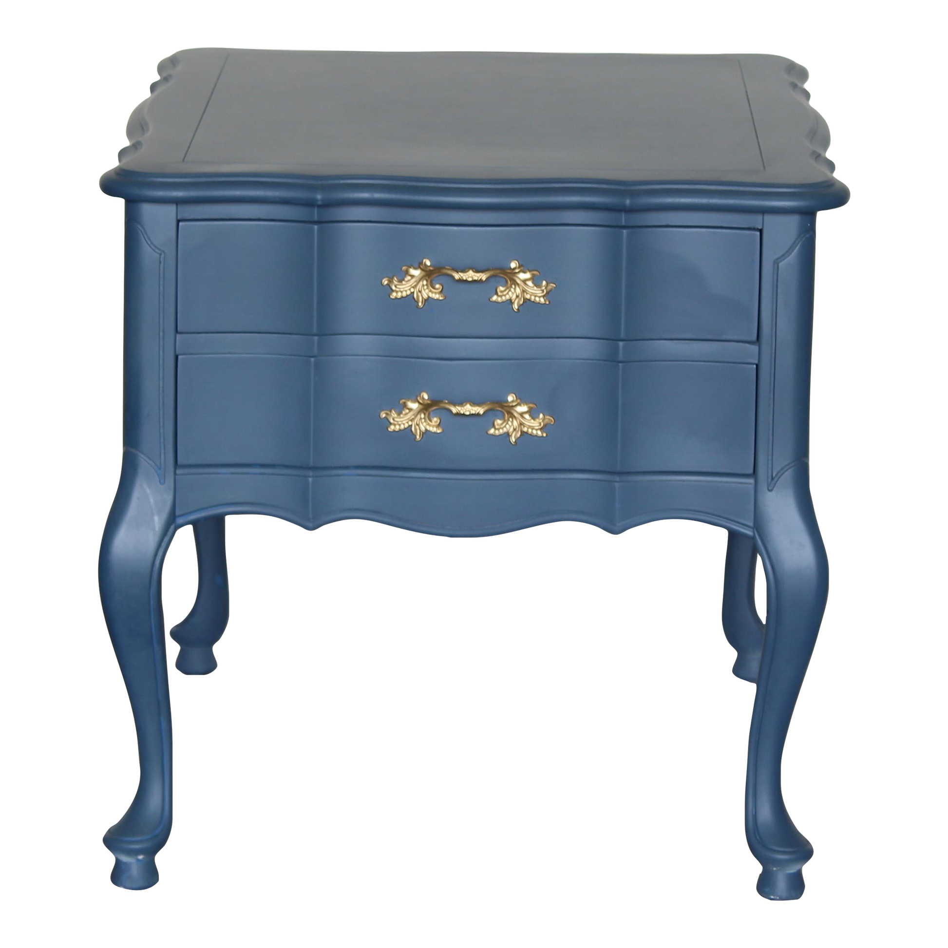 Vintage French provincial blue nightstand.  This nightstand is professionally refinished in blue with gold painted hardware.  Dimensions: 22" Width x 26"Depth x 22"Height. 