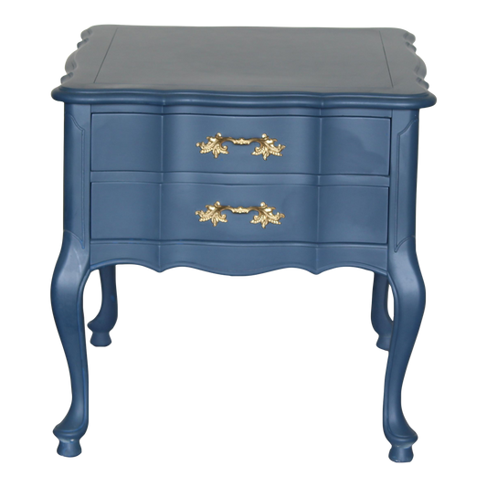 Vintage French provincial blue nightstand.  This nightstand is professionally refinished in blue with gold painted hardware.  Dimensions: 22" Width x 26"Depth x 22"Height. 