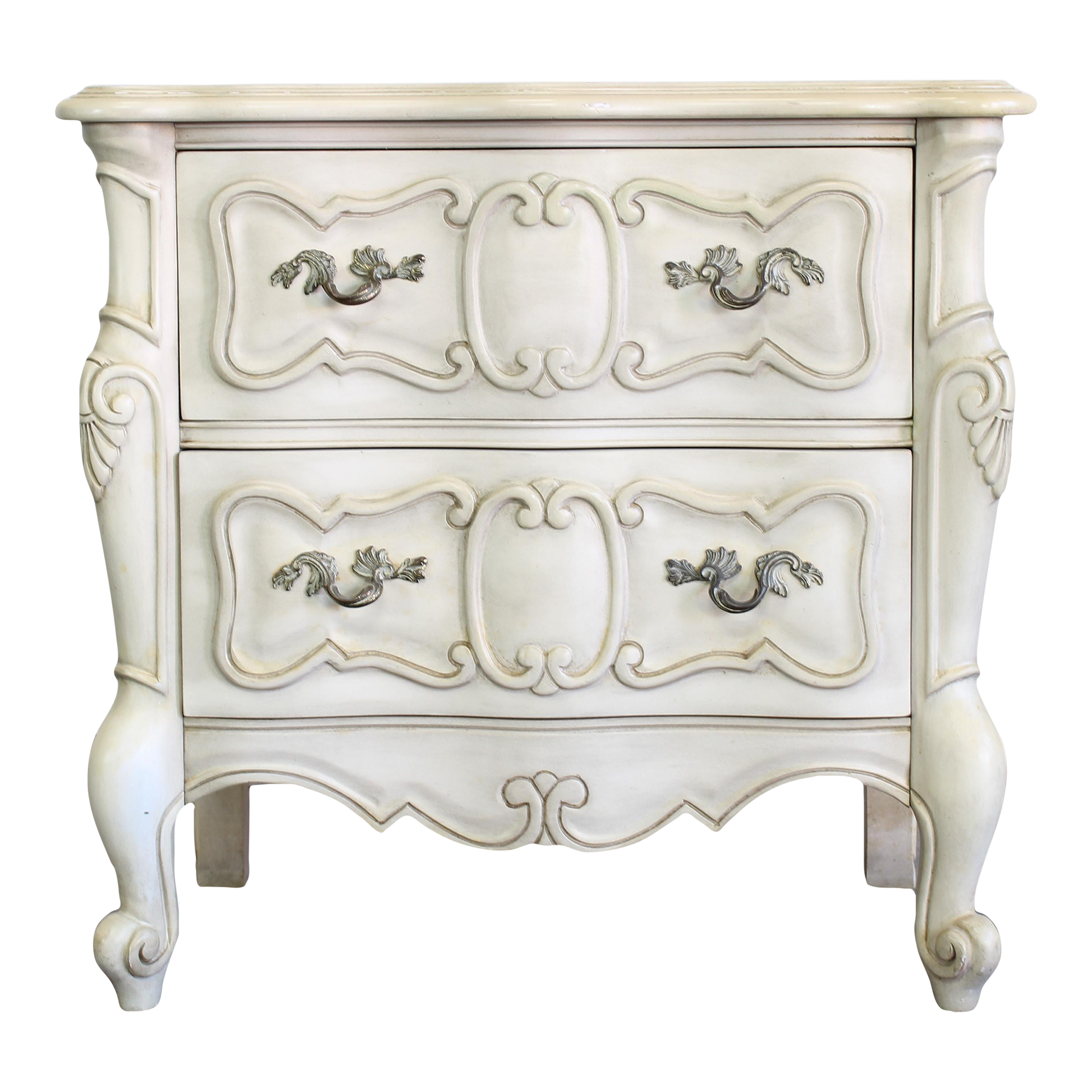 Vintage French Provincial Nightstand of two drawers.  Dimensions; 27" Width x 17" Depth x 26" Height. 