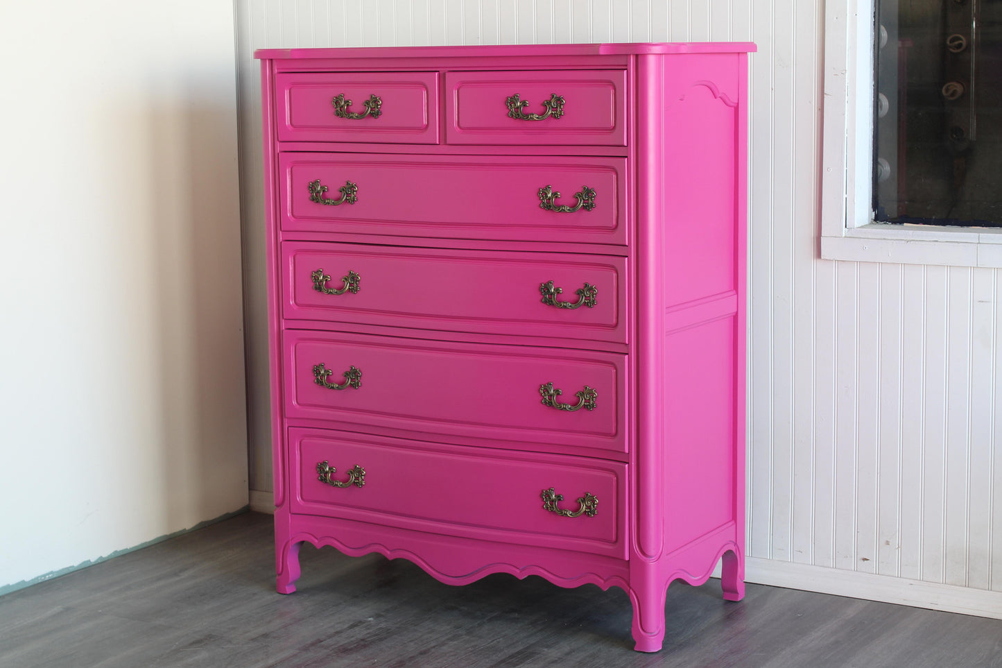 Vintage French Provincial Fuchsia Highboy Chest of Drawers