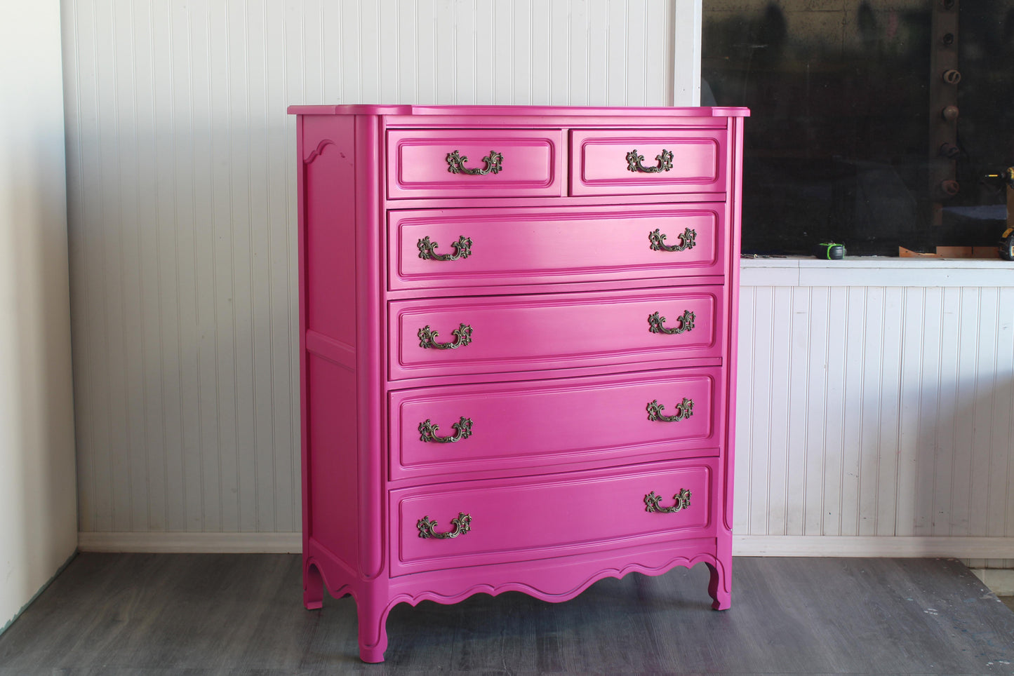 Vintage French Provincial Fuchsia Highboy Chest of Drawers