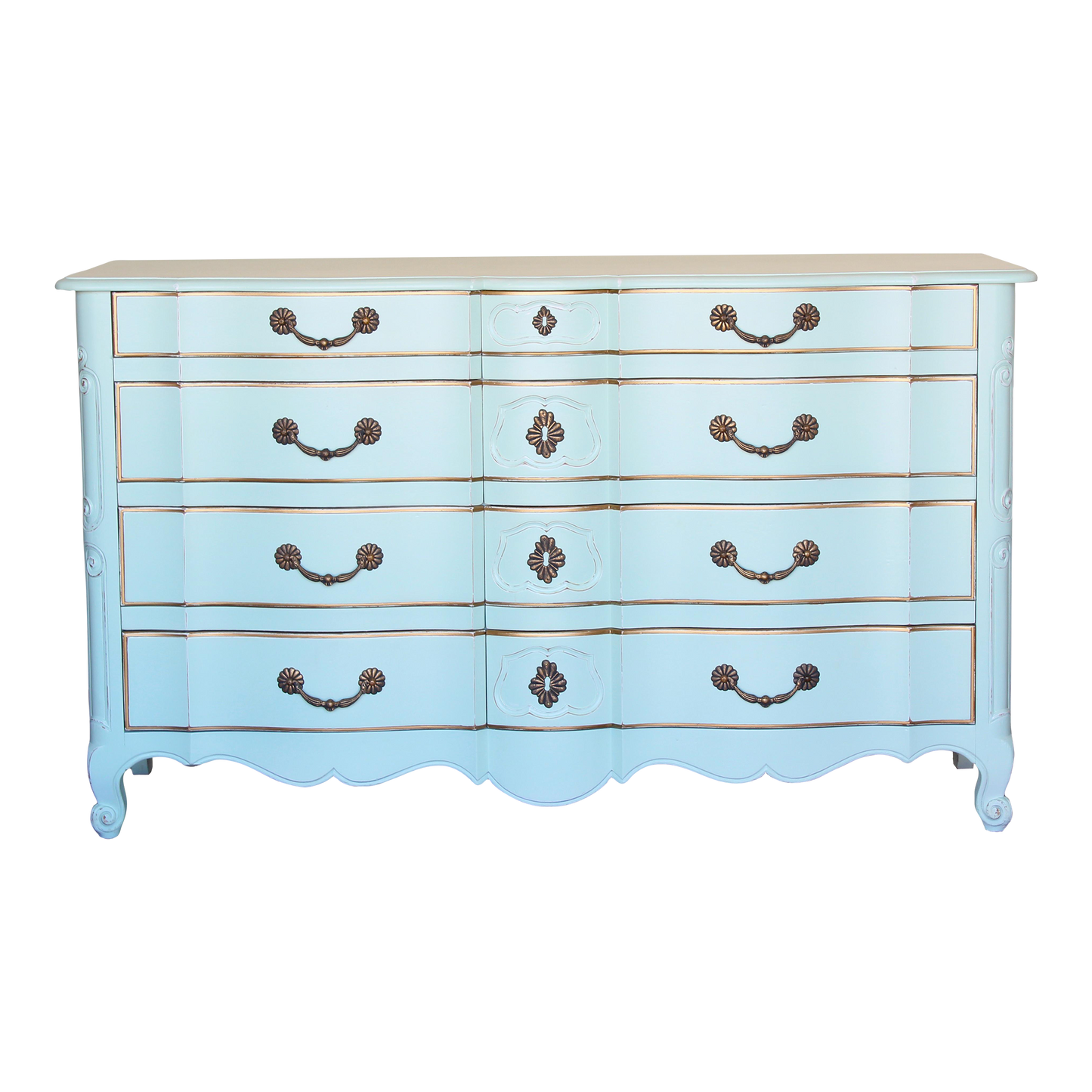 Vintage French provincial dresser of six drawers.  This is a solid built dresser with dovetail joints, professionally finished in mint green with gold painted accents and a distress finish.  Dimensions: 62"Width x 22"Depth x 36"Height. 