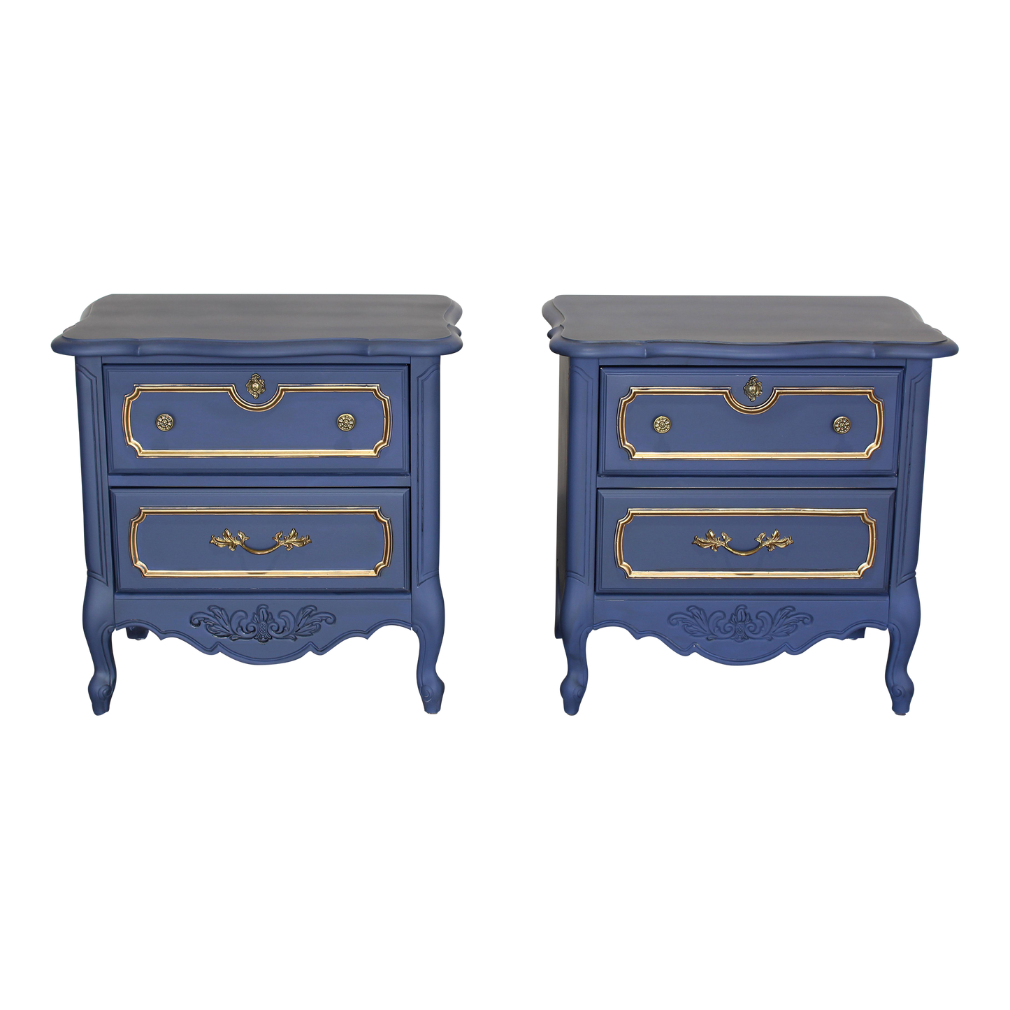 Vintage pair of French provincial Nightstands.  The nightstands are solid built with dovetail joints, and are professionally refinished in blue with an antique glaze and gold painted accents.  Dimensions; 25" Width x 16" Depth x 25" Height