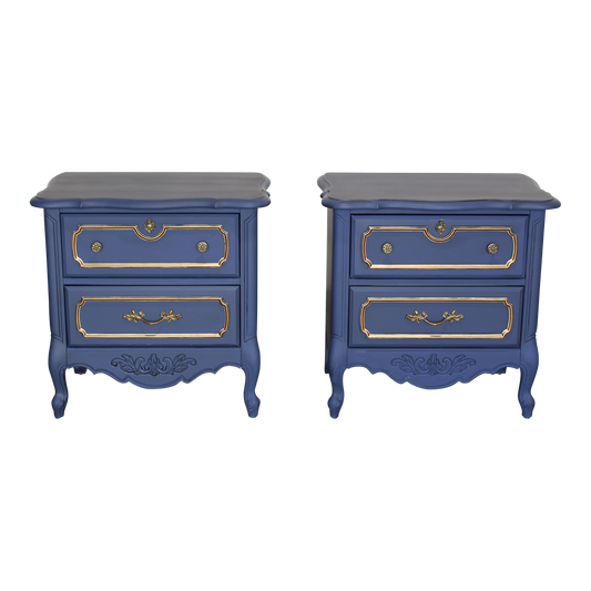 Vintage pair of French provincial Nightstands.  The nightstands are solid built with dovetail joints, and are professionally refinished in blue with an antique glaze and gold painted accents.  Dimensions; 25" Width x 16" Depth x 25" Height