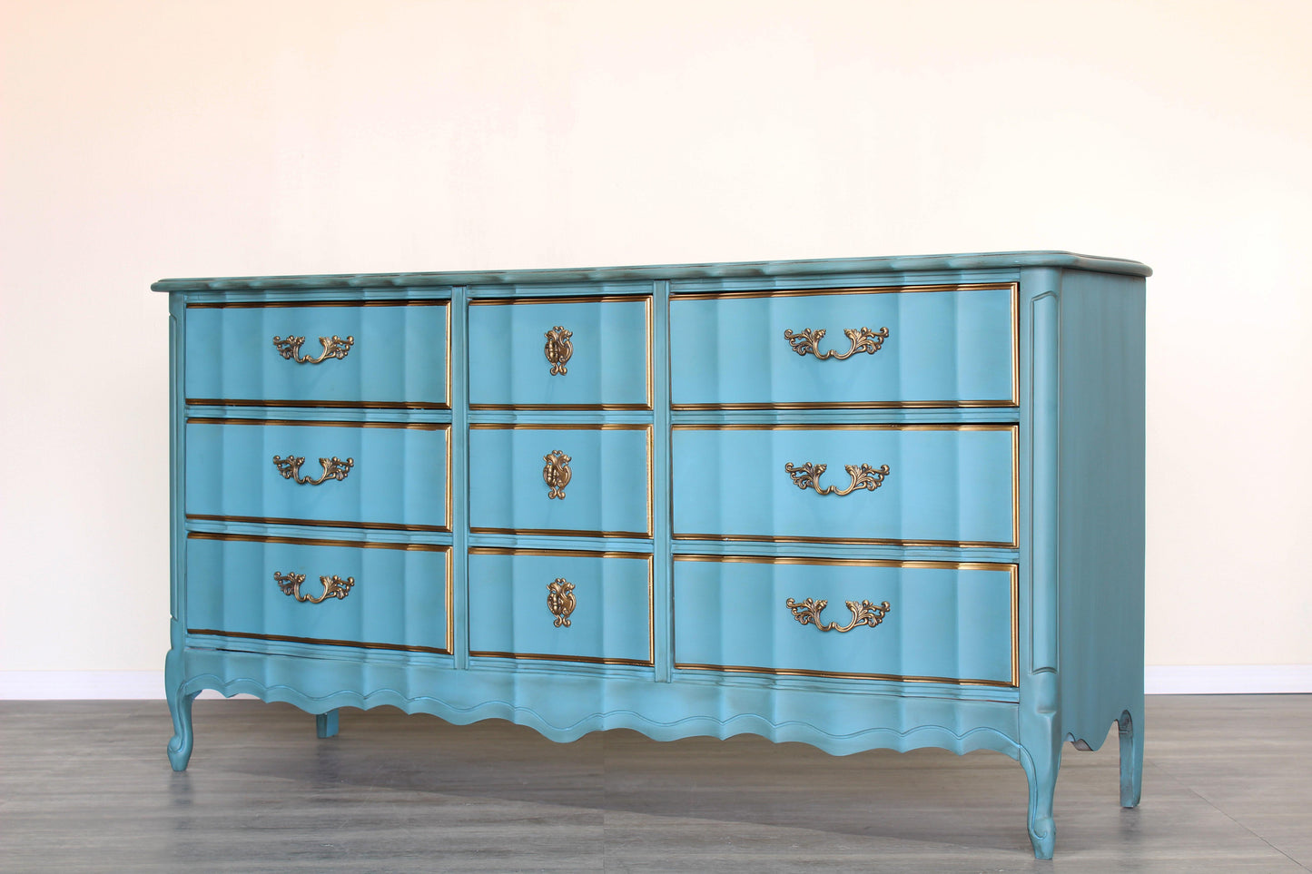 Vintage French Provincial Robin Egg Blue Dresser of Nine Drawers