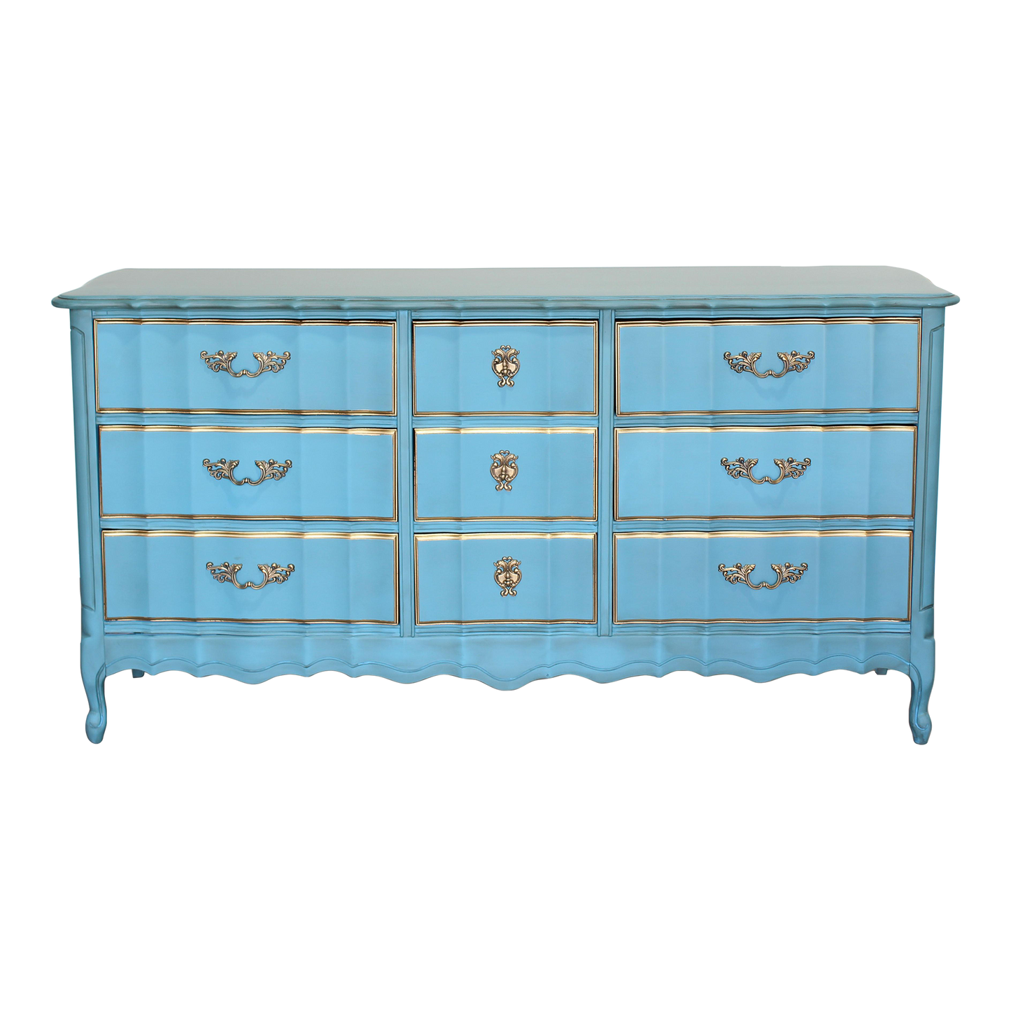 Vintage French Provincial Robin Egg Blue Dresser of Nine Drawers