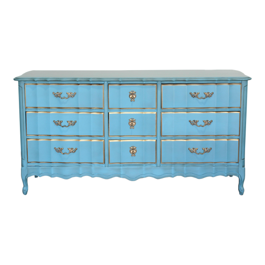 Vintage French Provincial Robin Egg Blue Dresser of Nine Drawers