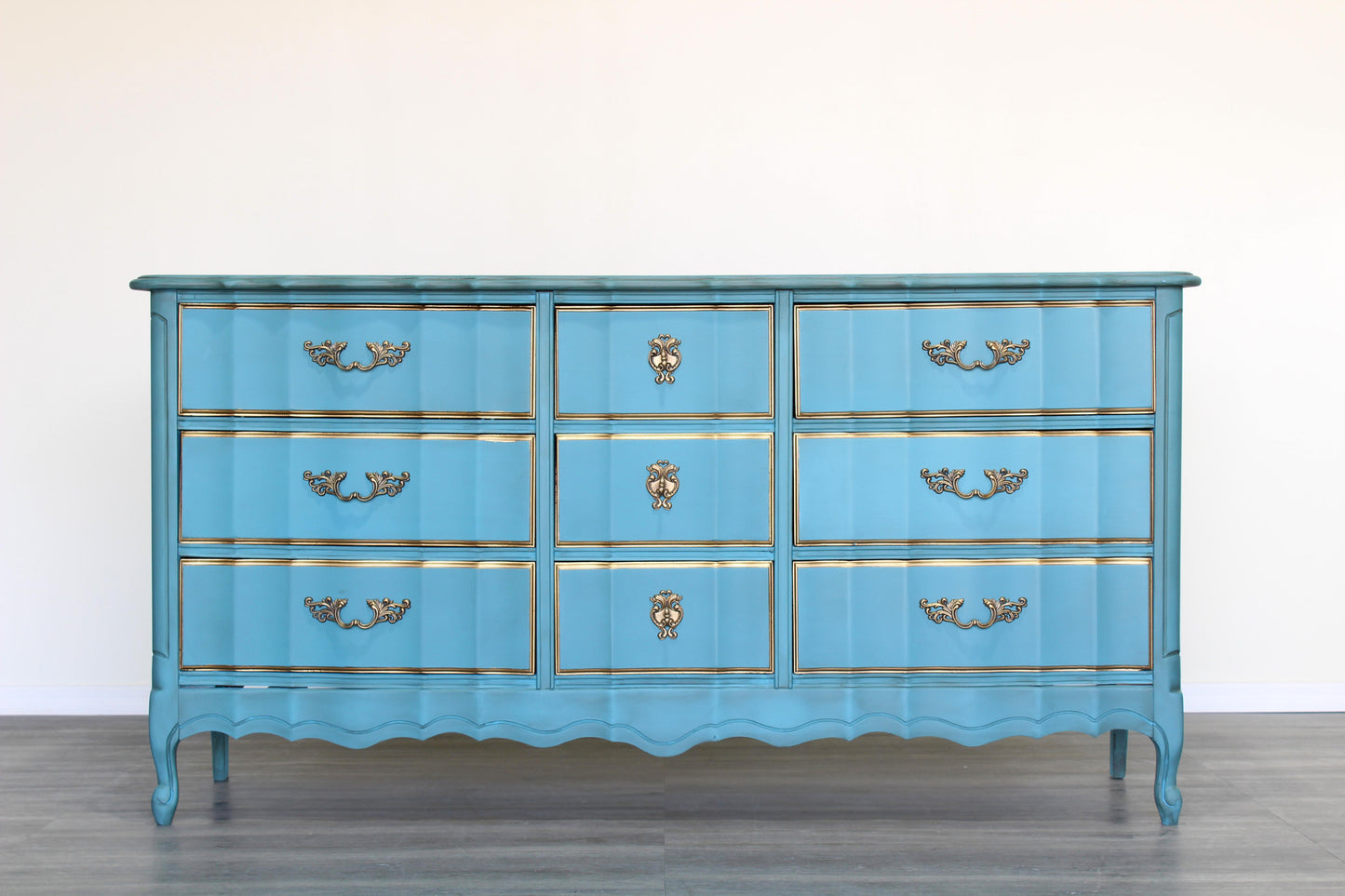 Vintage French Provincial Robin Egg Blue Dresser of Nine Drawers