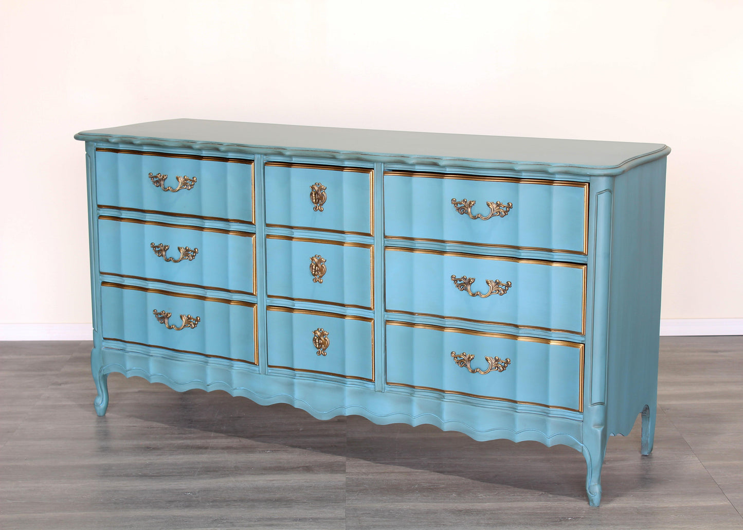 Vintage French Provincial Robin Egg Blue Dresser of Nine Drawers