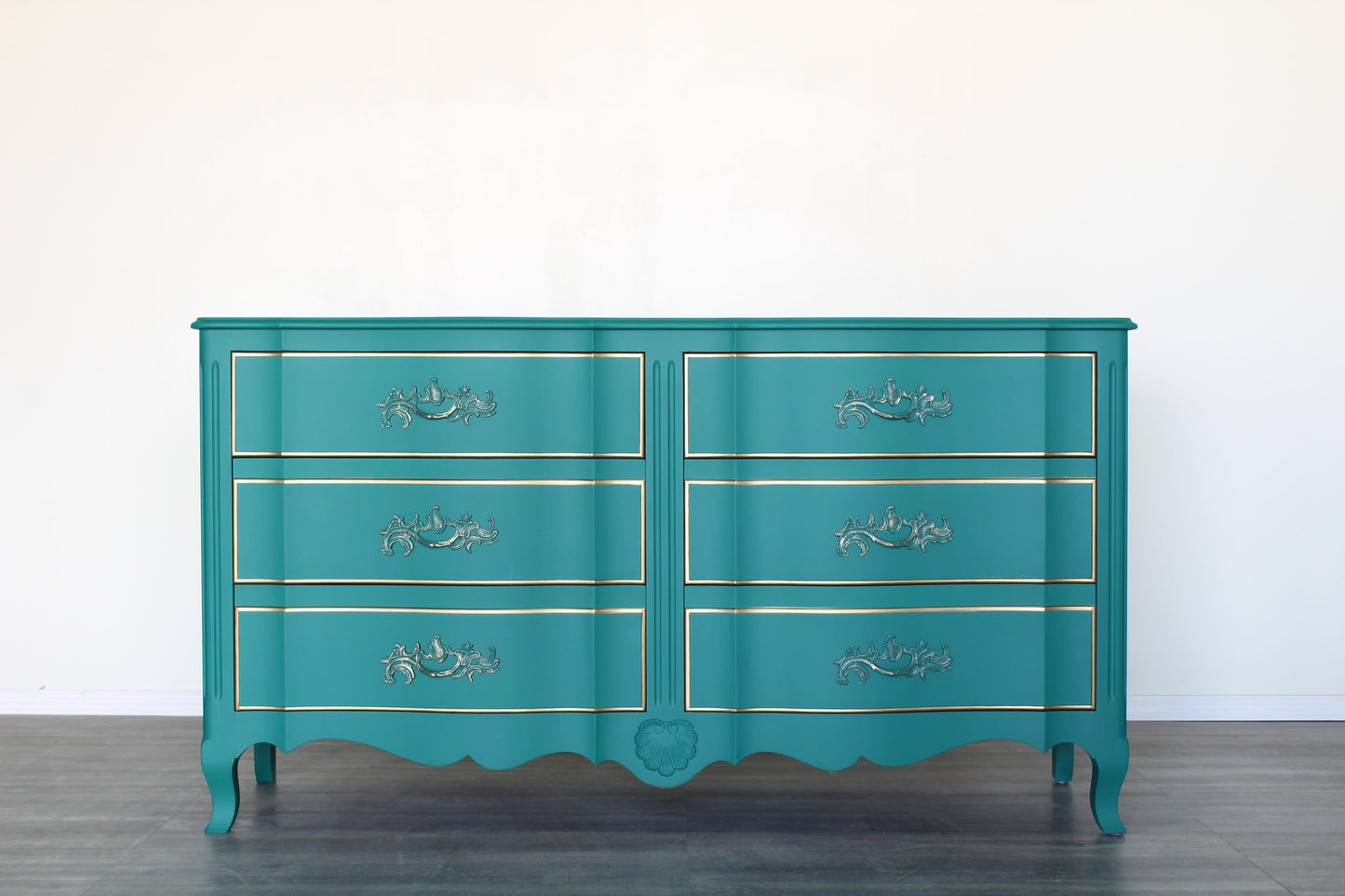 Vintage French Provincial Turquoise Dresser of Six Drawers