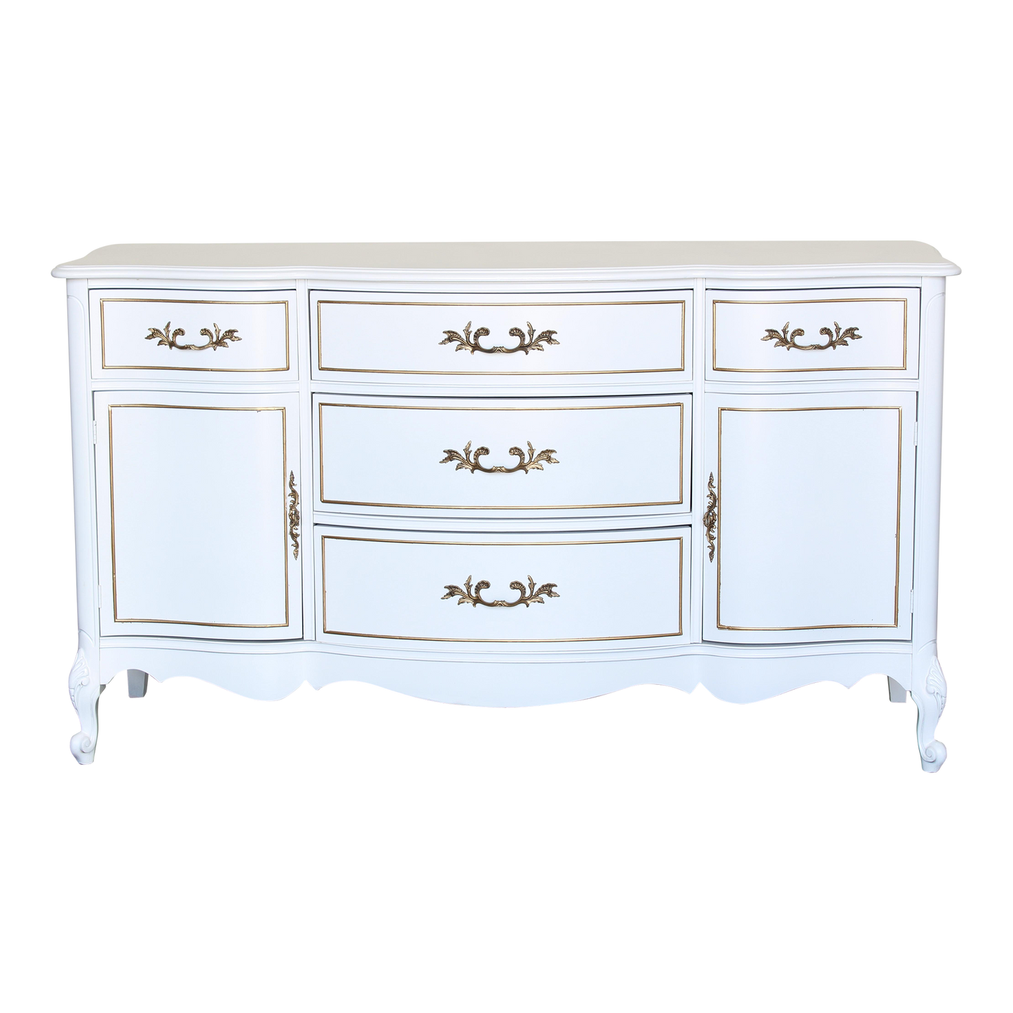 Vintage solid built French provincial cabinet with storage space.  This cabinet is professionally refinished in white with gloss top coat and gold painted accents.  Dimensions: 60"Width x 20"Depth x 34"Height.