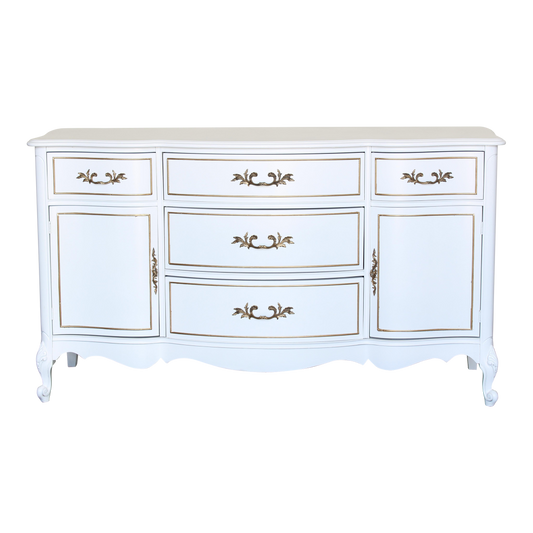 Vintage solid built French provincial cabinet with storage space.  This cabinet is professionally refinished in white with gloss top coat and gold painted accents.  Dimensions: 60"Width x 20"Depth x 34"Height.