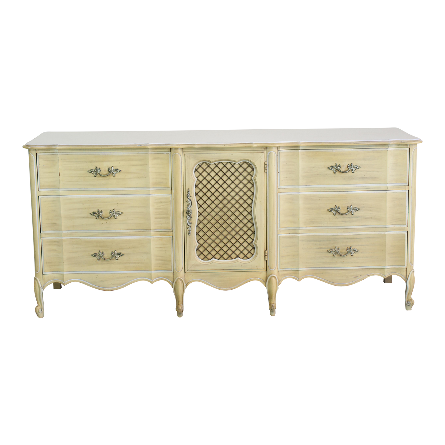 Vintage French Provincial Yellow Dresser of Nine Drawers