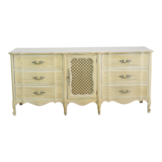 Vintage French Provincial Yellow Dresser of Nine Drawers