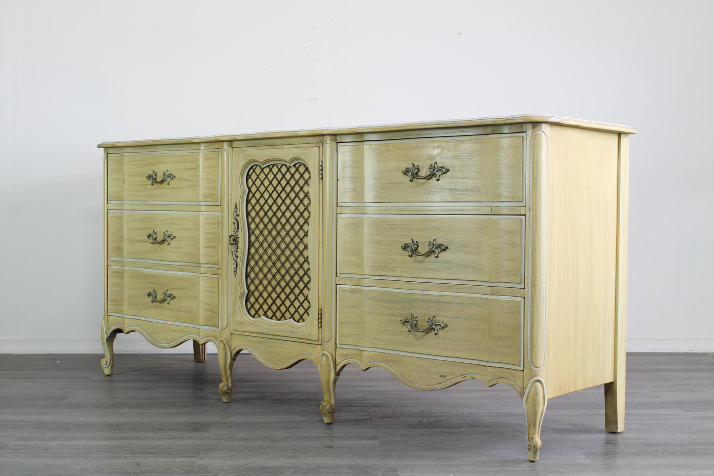 Vintage French Provincial Yellow Dresser of Nine Drawers