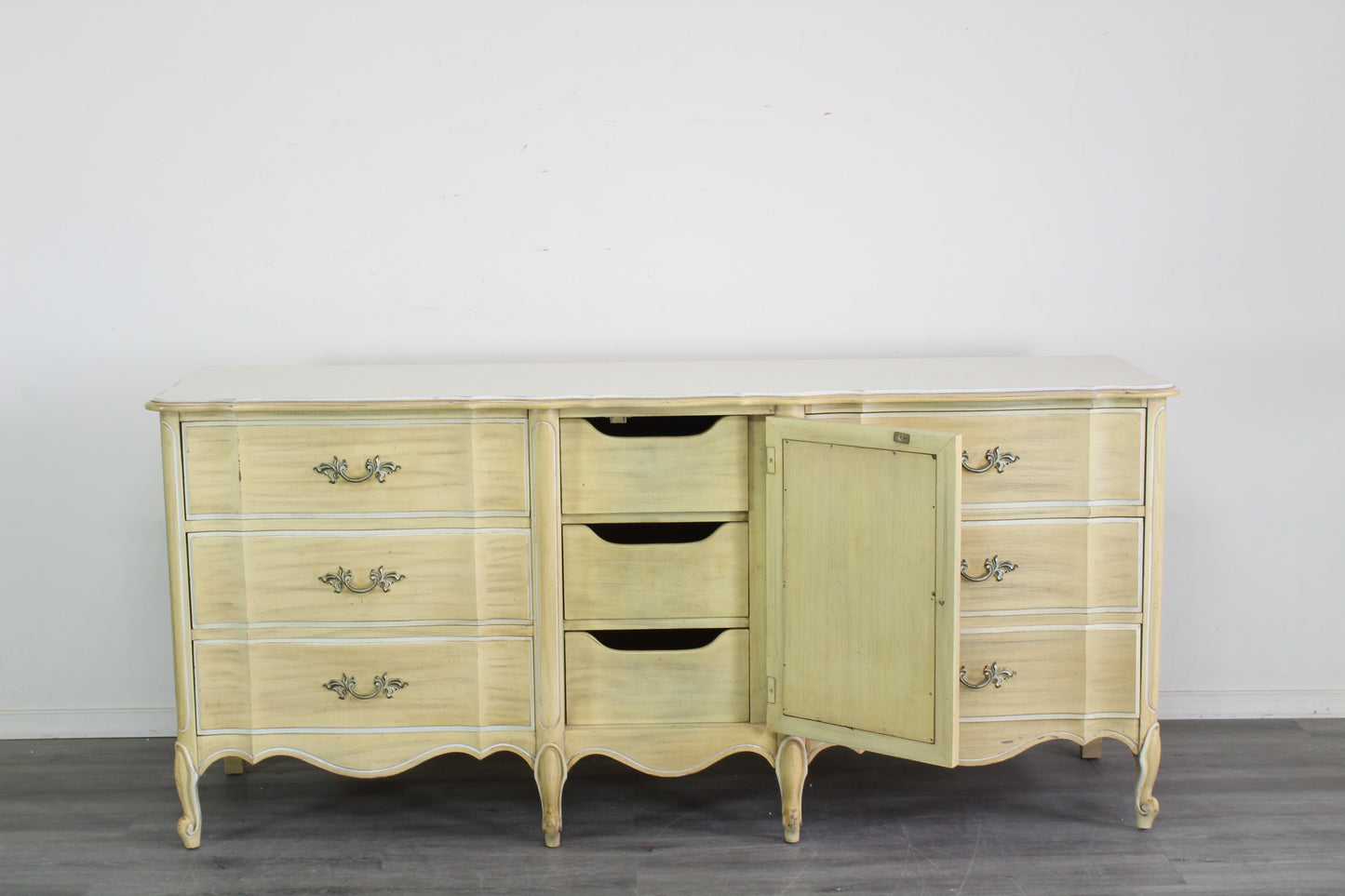 Vintage French Provincial Yellow Dresser of Nine Drawers