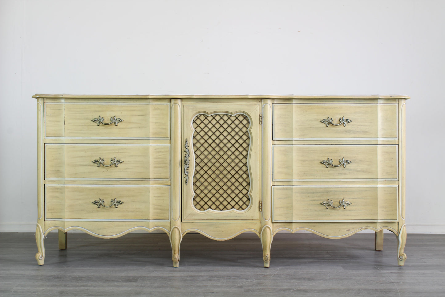 Vintage French Provincial Yellow Dresser of Nine Drawers