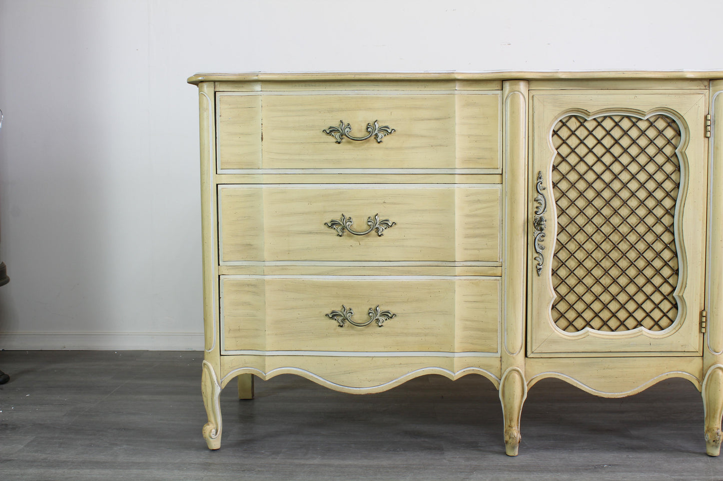 Vintage French Provincial Yellow Dresser of Nine Drawers