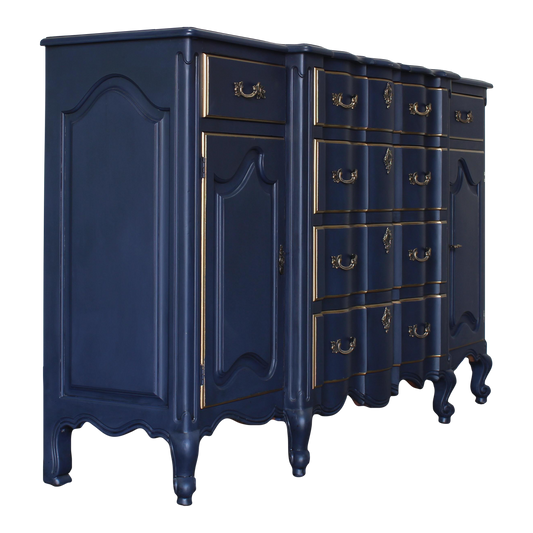 Vintage French style cabinet.  This cabinet is solid built with six drawers and side shelves.  This cabinet is professionally refinished in blue with an antique glaze and gold painted accents. The side doors have a key, door and drawers work well.  Dimensions; 60 Width x 18" Depth x 37" Height. 