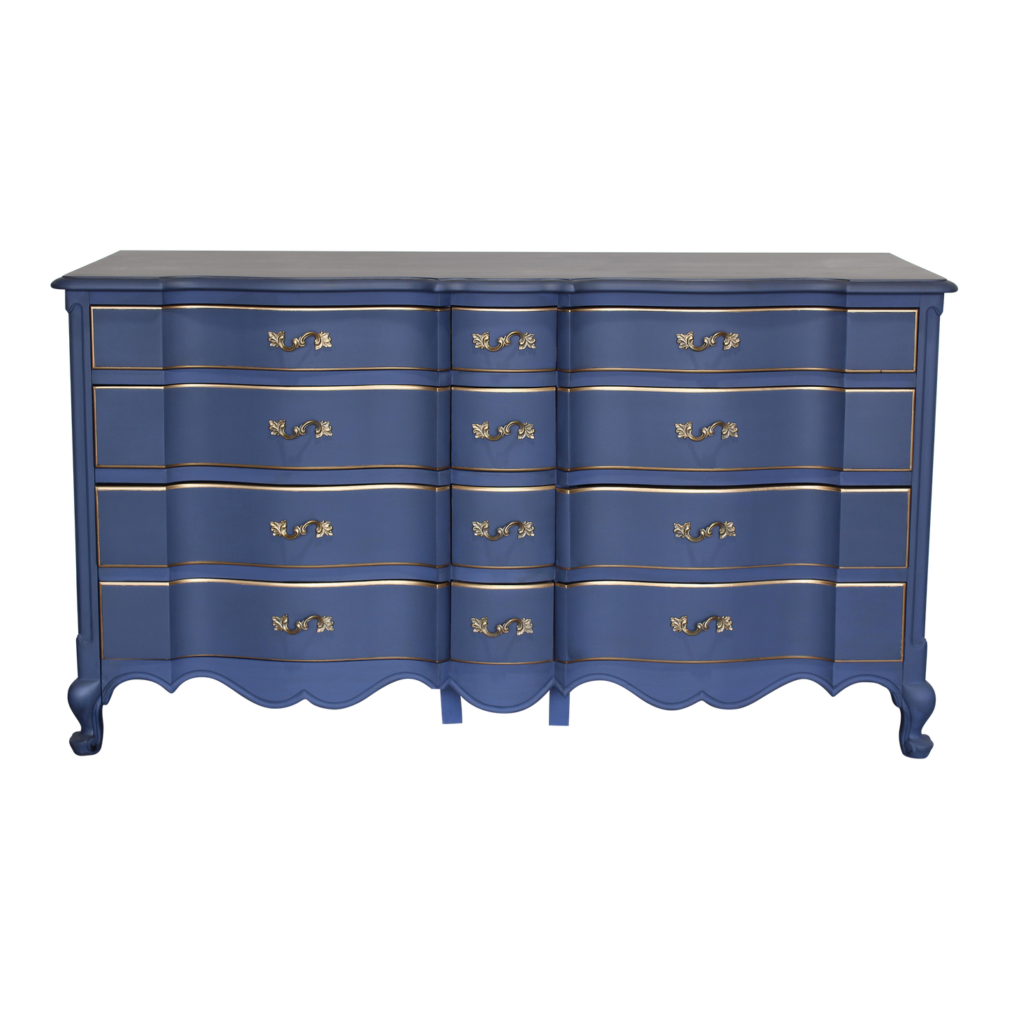 Vintage French provincial blue dresser of twelve drawers.  This dresser is solid built with dovetail joints.  This dresser is painted in blue with antique glaze and gold painted accents.  Dimensions; 62" Width x 22" Depth x 34" Height. 