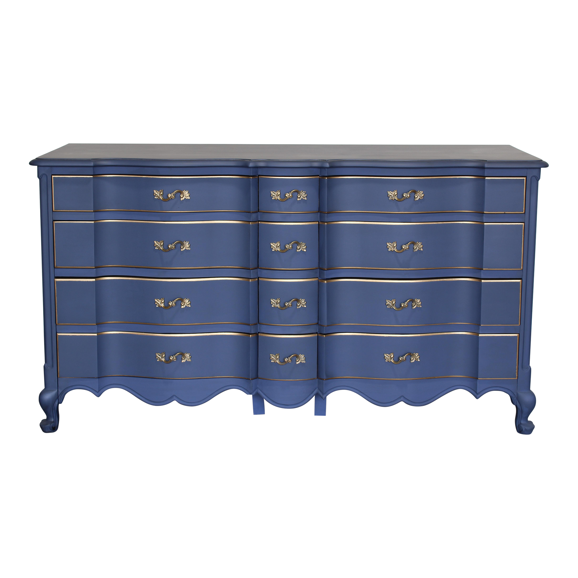 Vintage French provincial blue dresser of twelve drawers.  This dresser is solid built with dovetail joints.  This dresser is painted in blue with antique glaze and gold painted accents.  Dimensions; 62" Width x 22" Depth x 34" Height. 