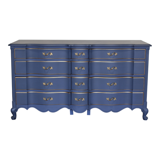 Vintage French provincial blue dresser of twelve drawers.  This dresser is solid built with dovetail joints.  This dresser is painted in blue with antique glaze and gold painted accents.  Dimensions; 62" Width x 22" Depth x 34" Height. 